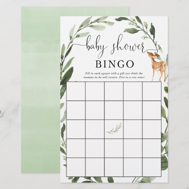 Woodland Deer Baby shower bingo greenery  (Front/Back)