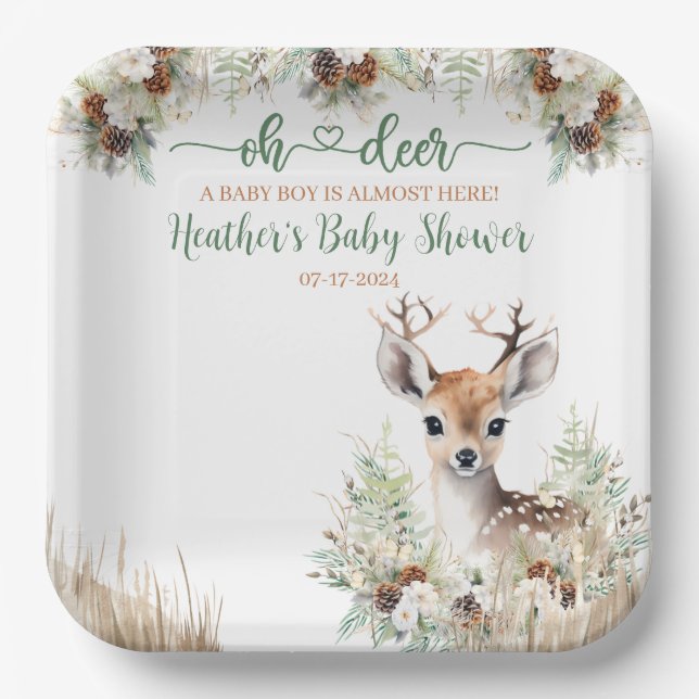Woodland Deer Baby Shower Boy Paper Plates (Front)