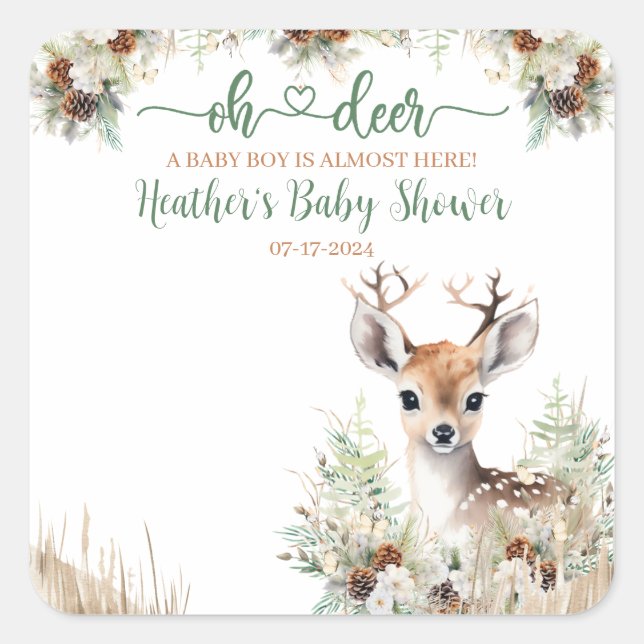 Woodland Deer Baby Shower Boy Square Sticker (Front)