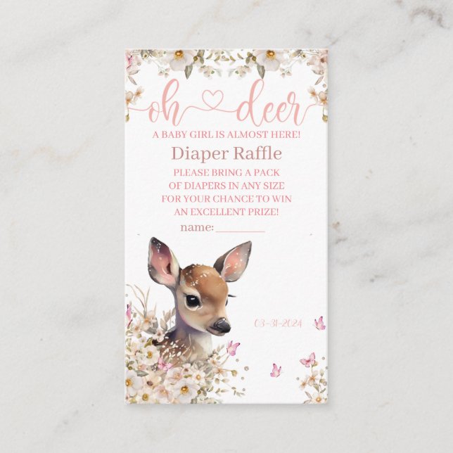 Woodland Deer Baby Shower Girl Diaper Raffle Enclosure Card (Front)