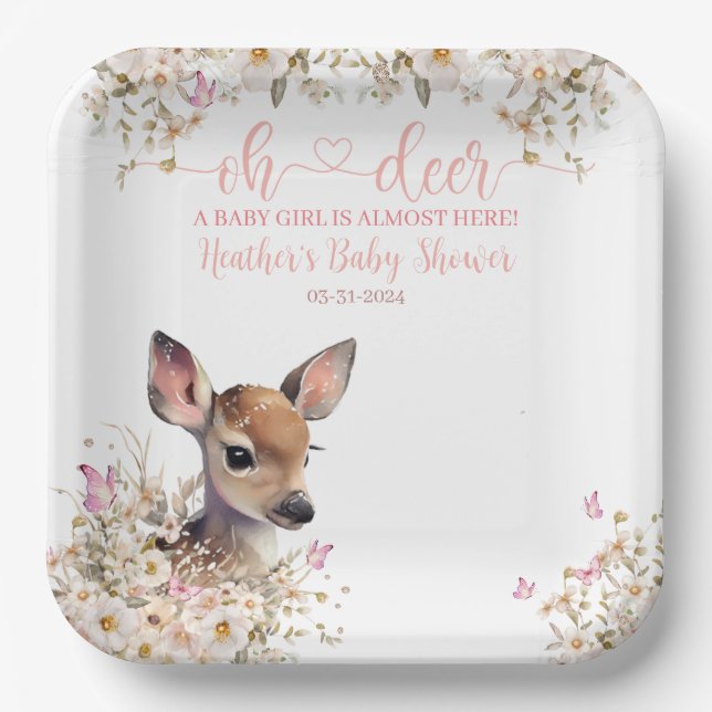 Woodland Deer Baby Shower Girl Paper Plates (Front)