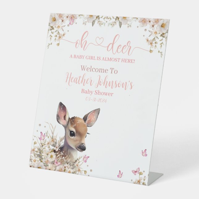 Woodland Deer Baby Shower Girl Pedestal Sign (Front)