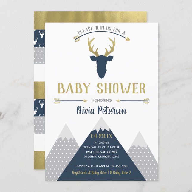 Woodland Deer Baby Shower Invitation, Faux Foil Invitation (Front/Back)