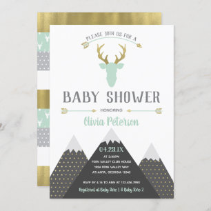 Woodland Deer Baby Shower Invitation, Faux Foil Invitation