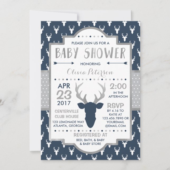 Woodland Deer Baby Shower Invitation, Faux Foil Invitation (Front)