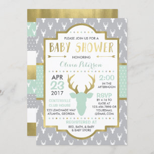Woodland Deer Baby Shower Invitation, Faux Foil Invitation