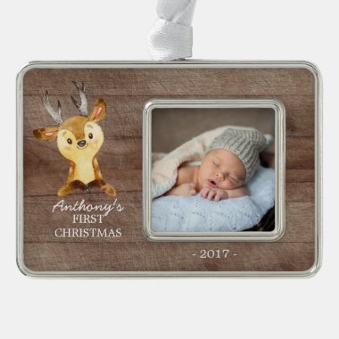 Woodland Deer Baby's 1st Christmas Photo Ornament
