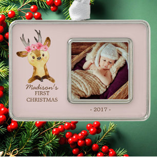 Woodland Deer Baby's 1st Christmas Photo Ornament