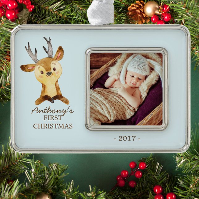 Woodland Deer Baby's 1st Christmas Photo Ornament (Creator Uploaded)