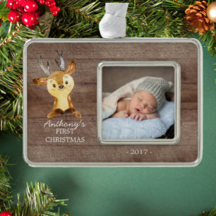 Woodland Deer Baby's 1st Christmas Photo Ornament
