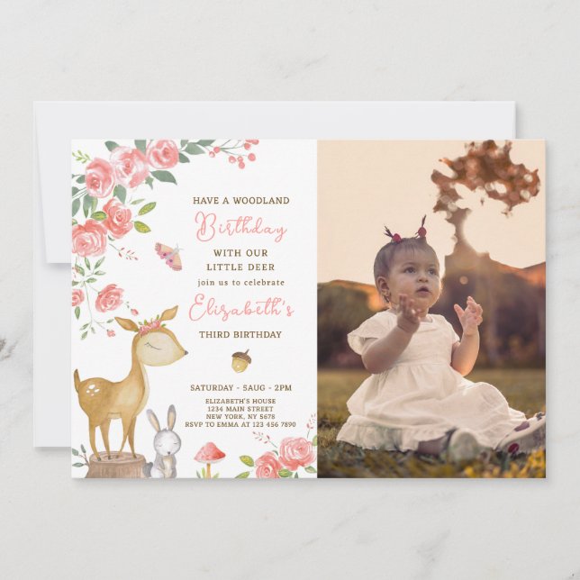 Woodland Deer Birthday Invitation With Photo (Front)