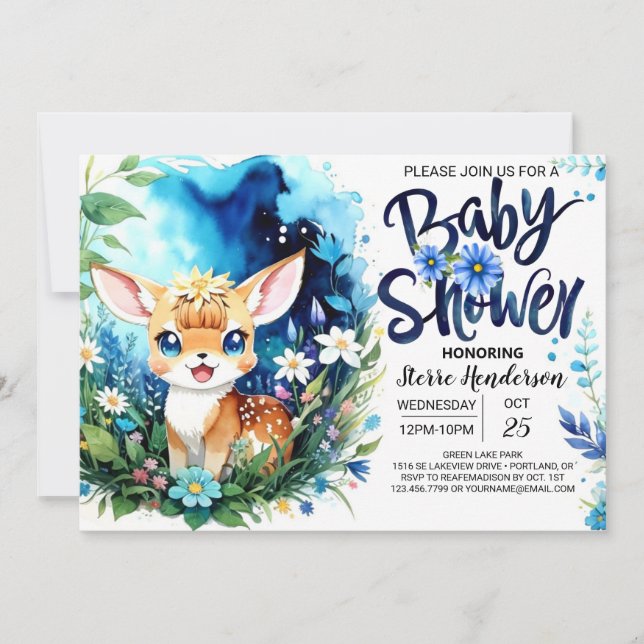 Woodland Deer Blue Boy Baby Shower Invitation (Front)