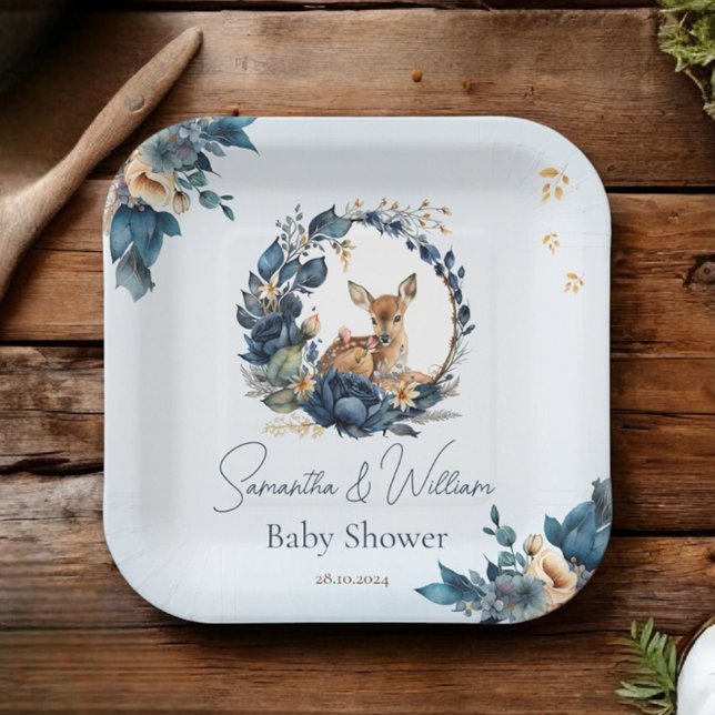  Woodland Deer Blue Floral Boho Leaves Paper Plates (Creator Uploaded)