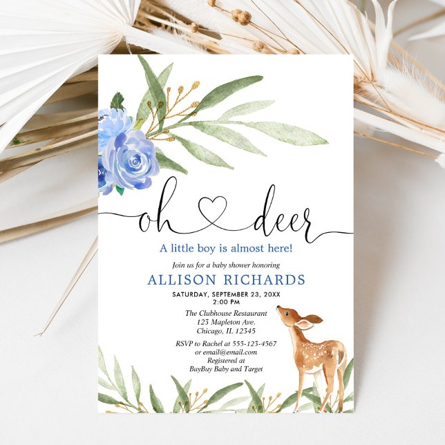 Woodland deer blue floral greenery boy baby shower invitation (Creator Uploaded)
