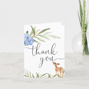 Woodland deer blue floral greenery letterpress thank you card