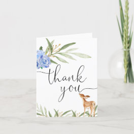 Woodland deer blue floral greenery thank you card