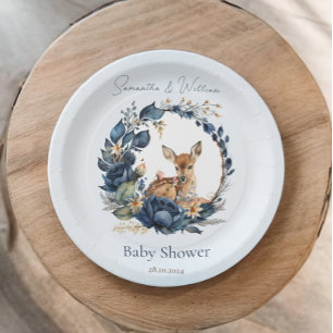  Woodland Deer Blue Flowers Boho Leaves Paper Plates