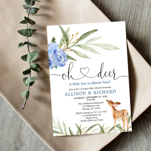 Woodland deer blue greenery couples baby shower invitation