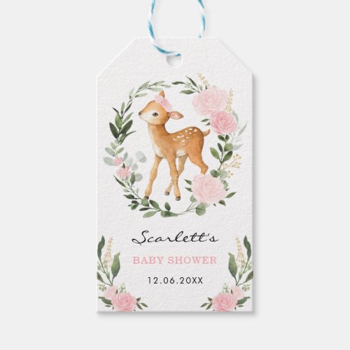 Woodland Deer Blush Floral Greenery Gold Baby Fawn Gift Tags
