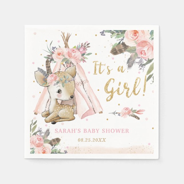Woodland Deer Boho Tribal Girl Baby Shower Napkins (Front)