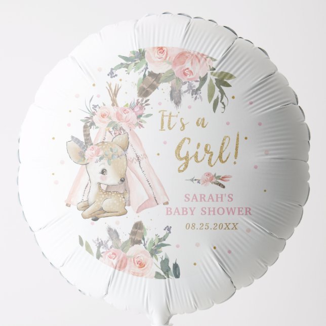 Woodland Deer Boho Tribal Girl Baby Shower Round Balloon (Front)