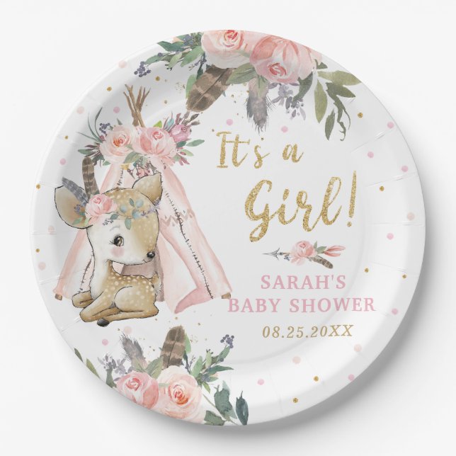 Woodland Deer Boho Tribal Girl Baby Shower Round Paper Plates (Front)