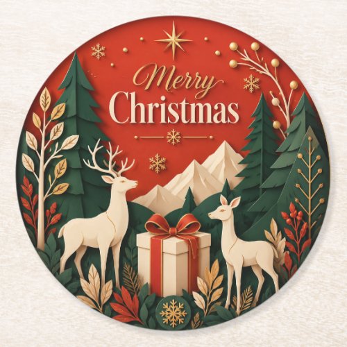 Woodland Deer Christmas Gift Round Paper Coaster