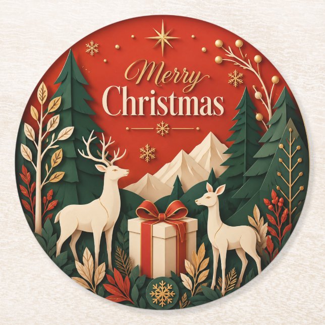 Woodland Deer Christmas Gift Round Paper Coaster (Front)