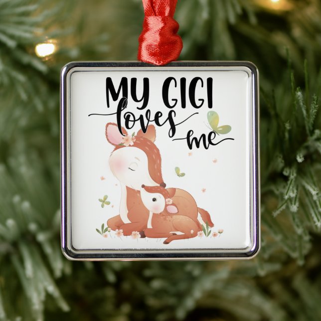 Woodland Deer Doe and Baby Fawn My Gigi Loves Me Metal Ornament (Tree)