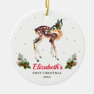 Woodland Deer Fawn Baby's 1st Christmas Custom Ceramic Ornament