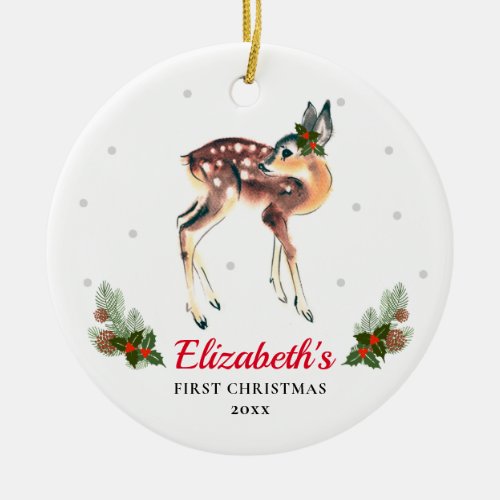 Woodland Deer Fawn Babys 1st Christmas Custom Ceramic Ornament
