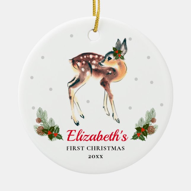 Woodland Deer Fawn Baby's 1st Christmas Custom Ceramic Ornament (Front)