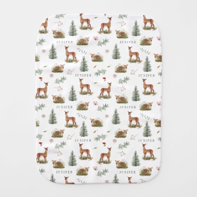 Woodland Deer Fawn Floral Baby Name Baby Burp Cloth (Front)
