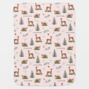 Woodland Deer Fawn Floral Baby Name Pink  Blanket