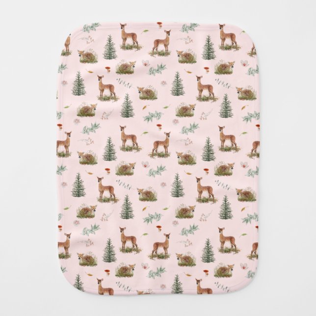 Woodland Deer Fawn Floral Baby Pink  Baby Burp Cloth (Front)