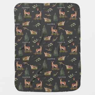 Woodland Deer Fawn Pattern Baby Gray Baby Name Blanket