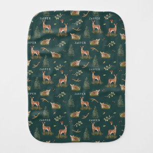 Woodland Deer Fawn Pattern Baby Green Baby Name Baby Burp Cloth