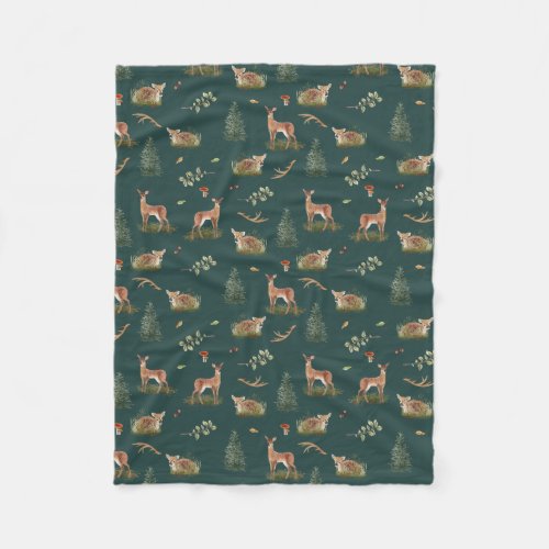 Woodland Deer Fawn Pattern Baby Green Fleece Blank