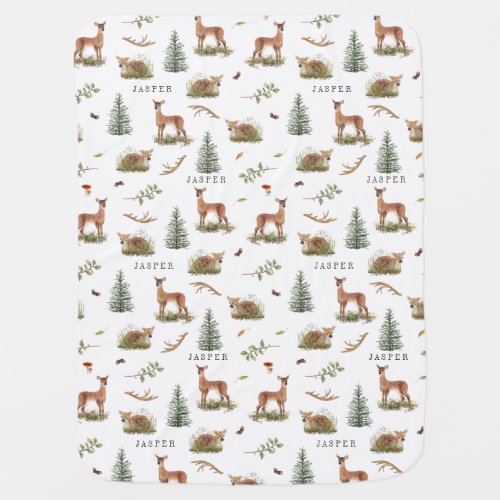 Woodland Deer Fawn Pattern Baby Name Baby Blanket