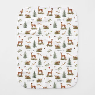 Woodland Deer Fawn Pattern Baby Name Baby Burp Cloth