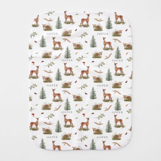 Woodland Deer Fawn Pattern Baby Name Baby Burp Cloth (Front)