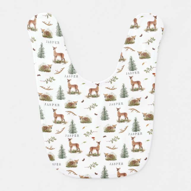 Woodland Deer Fawn Pattern Baby Name Bib (Front)