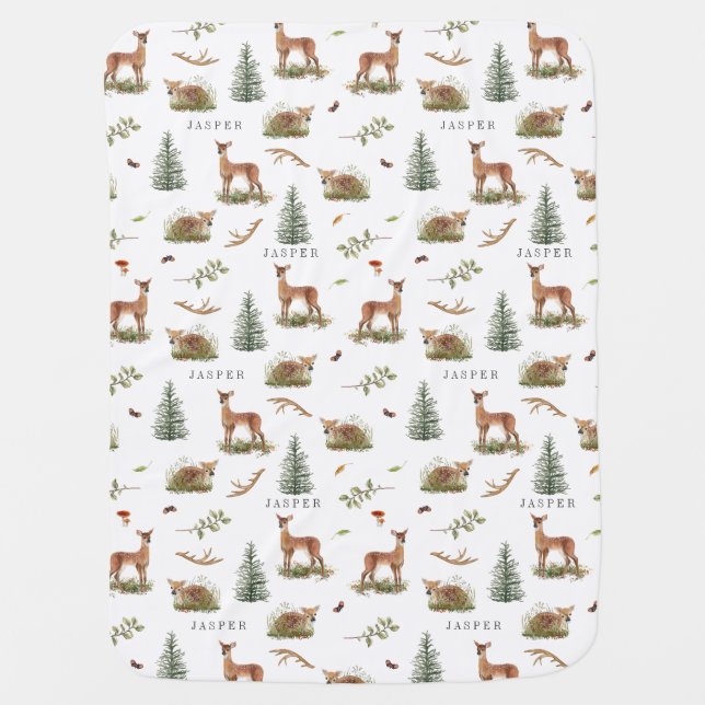 Woodland Deer Fawn Pattern Baby Name Blanket (Front)