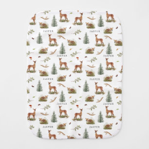 Woodland Deer Fawn Pattern Baby Name Burp Cloth