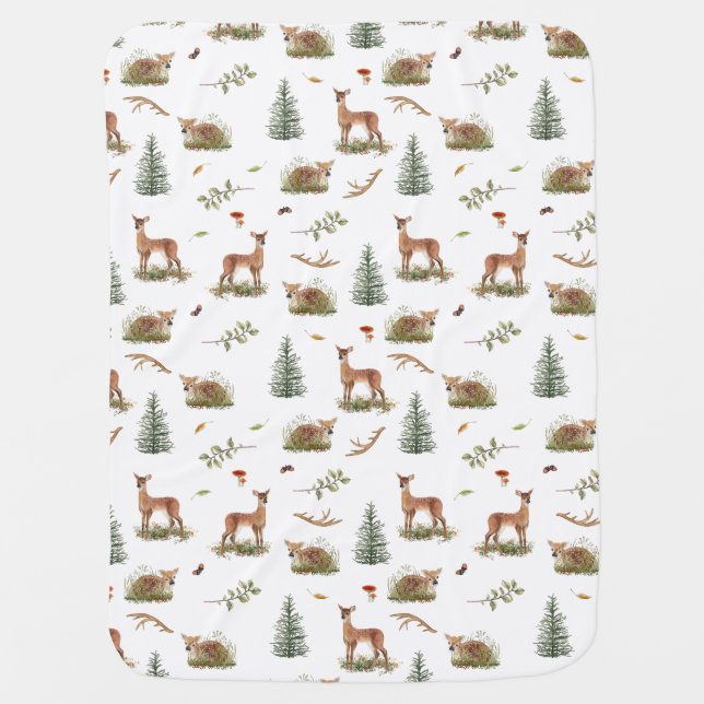 Woodland Deer Fawn Pattern Baby White Baby Blanket (Front)