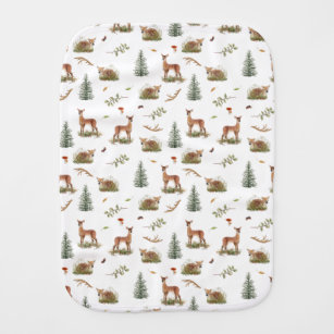 Woodland Deer Fawn Pattern Baby White Baby Burp Cloth