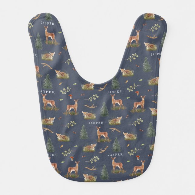 Woodland Deer Fawn Pattern Blue Baby Name Bib (Front)