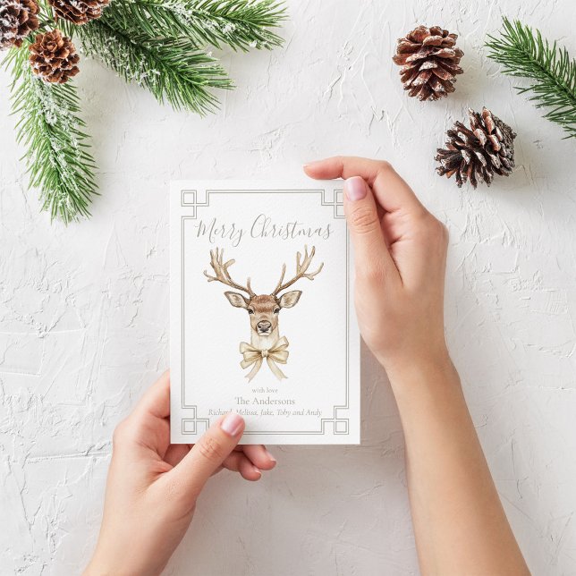 Woodland Deer Festive  Holiday Card (Deer with Gold Bow Christmas card)