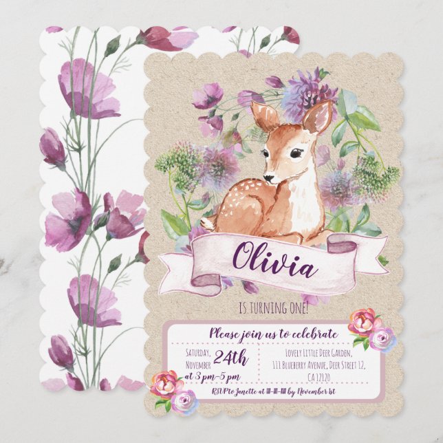 Woodland Deer first birthday invitation (Front/Back)