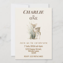 Woodland Deer First Birthday Invitation